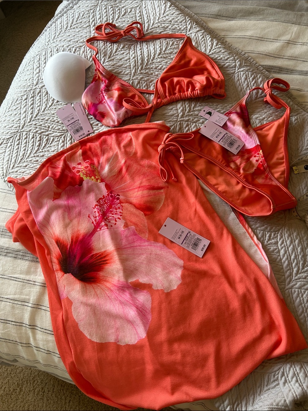 Coral Floral Bikini Set with Cover-Up M/L